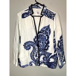 Chicos Linen Willow Print Brushed Paisley Mandarin Inverted Collar Blazer 2 XL